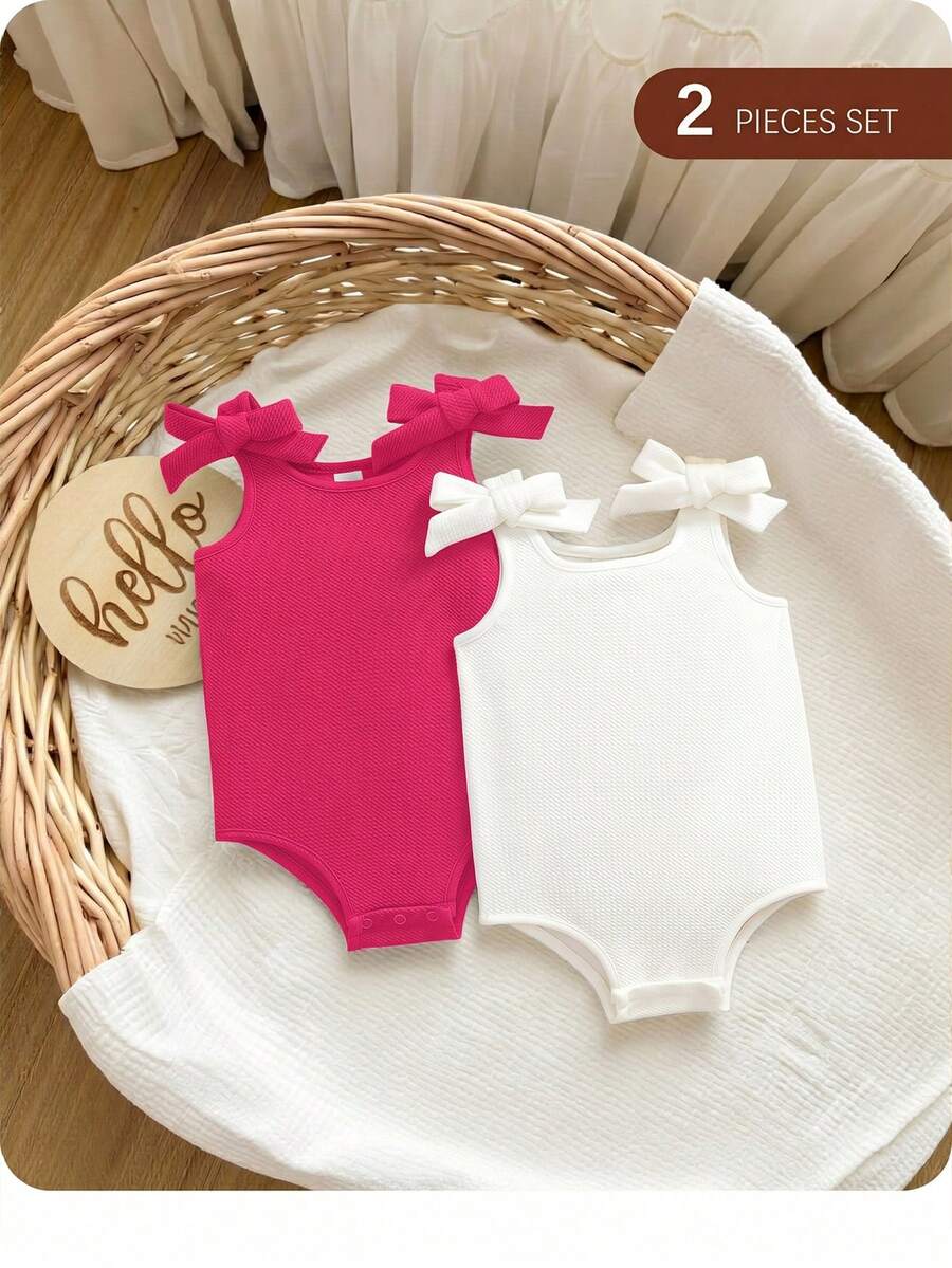 2pcs/Set Cute Summer Knitted Solid Color Bow Romper For Baby Girl - Hot Pink - View 1