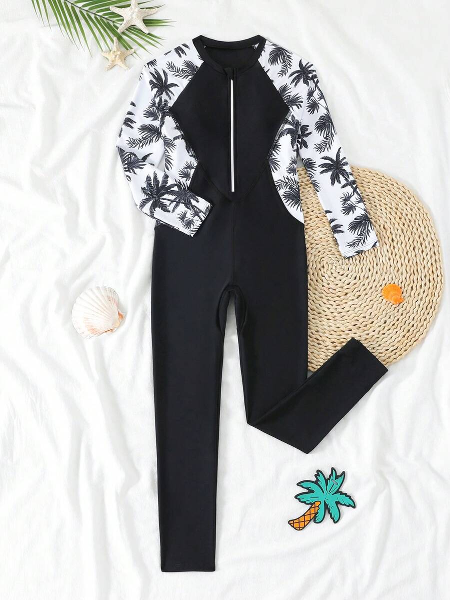 SHEIN Tween Girls 1-Piece Swimsuit,Long Sleeve Zip-Up One-Piece With Long Pants,White Tropical Green Palm Leaf Print,Funny Summer Beach Vacation Holiday - Black and White - View 1