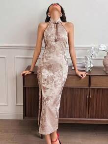 EastFlair Vestido midi elegante con cintura ceñida y estampado integral, adecuado para fiestas y reuniones - Café - Ver 4