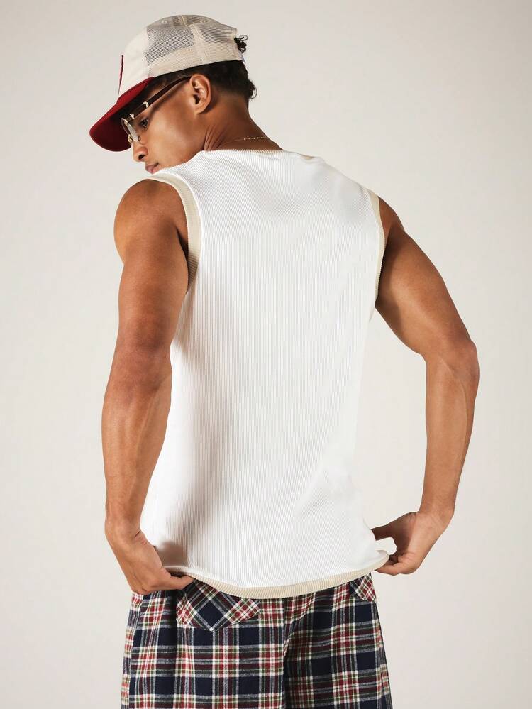 Ribbed Sleeveless Crew Neck Tank Top With Contrast Trim And Logo Detail For Summer