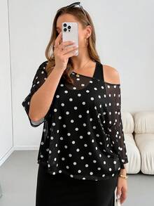 SHEIN Essnce 大尺碼女款春夏時尚休閒寬鬆彈性舒適日常基本百搭顯瘦黑色波點透視上衣與黑色背心長洋裝2件組，度假穿搭，極簡風格 - 黑色 - 查看 6