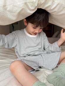 DAZY 条纹宽松圆领休闲上衣+短裤套装，幼儿男童家居服 - 黑與白 - 查看 6