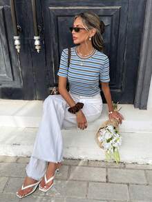 SHEIN Frenchy Áo thun nữ tay ngắn cổ tròn dáng rộng, bất đối xứng, màu xanh dương, có gân, kiểu dáng đa năng, phù hợp cho mùa xuân/hè và mùa thể thao. - Nhiều màu - Xem 5