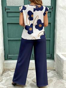 EMERY ROSE Plus Size Casual Minimalist Printed 2 Pieces Set Formal Vacation Navy Blue Summer - Multicolor - View 2