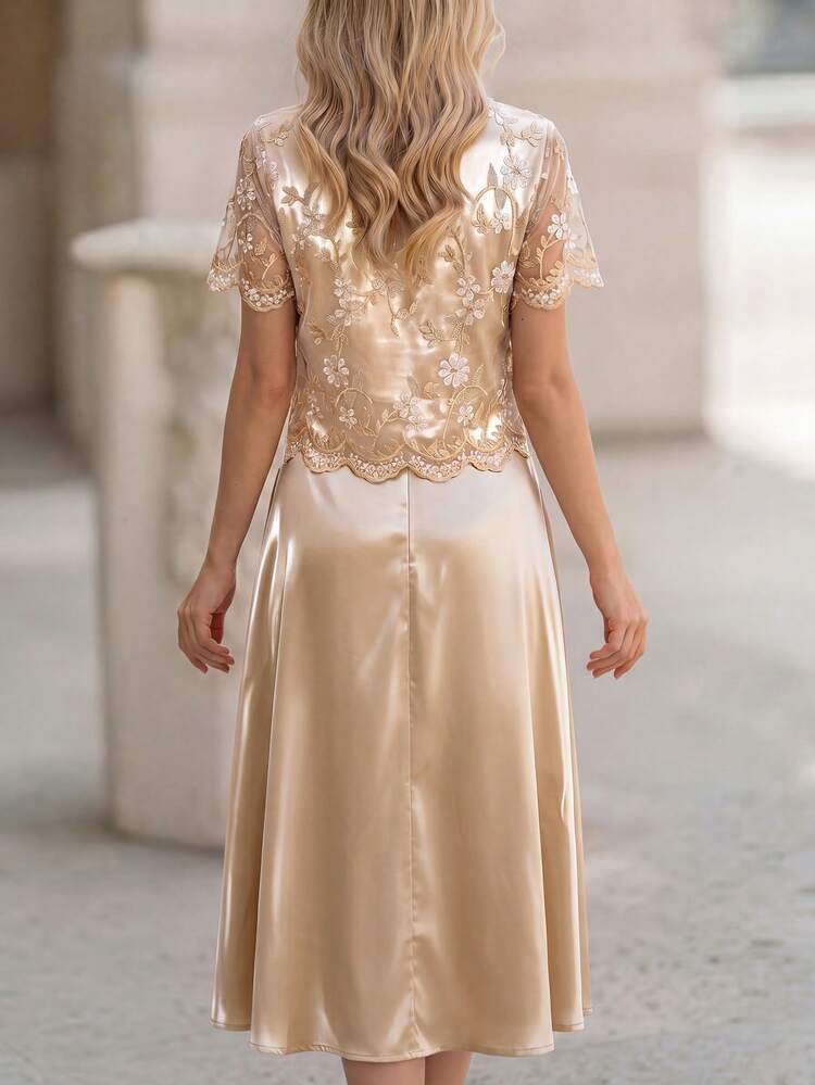 Embroidered Knotted Short Sleeve Top And Skirt Elegant 2-Piece Set For Middle-Aged & Elderly Women