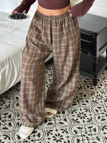 Dazy Plus Plus Size Women Elastic Waist Plaid Loose Pajama Pants - Brown - View 4