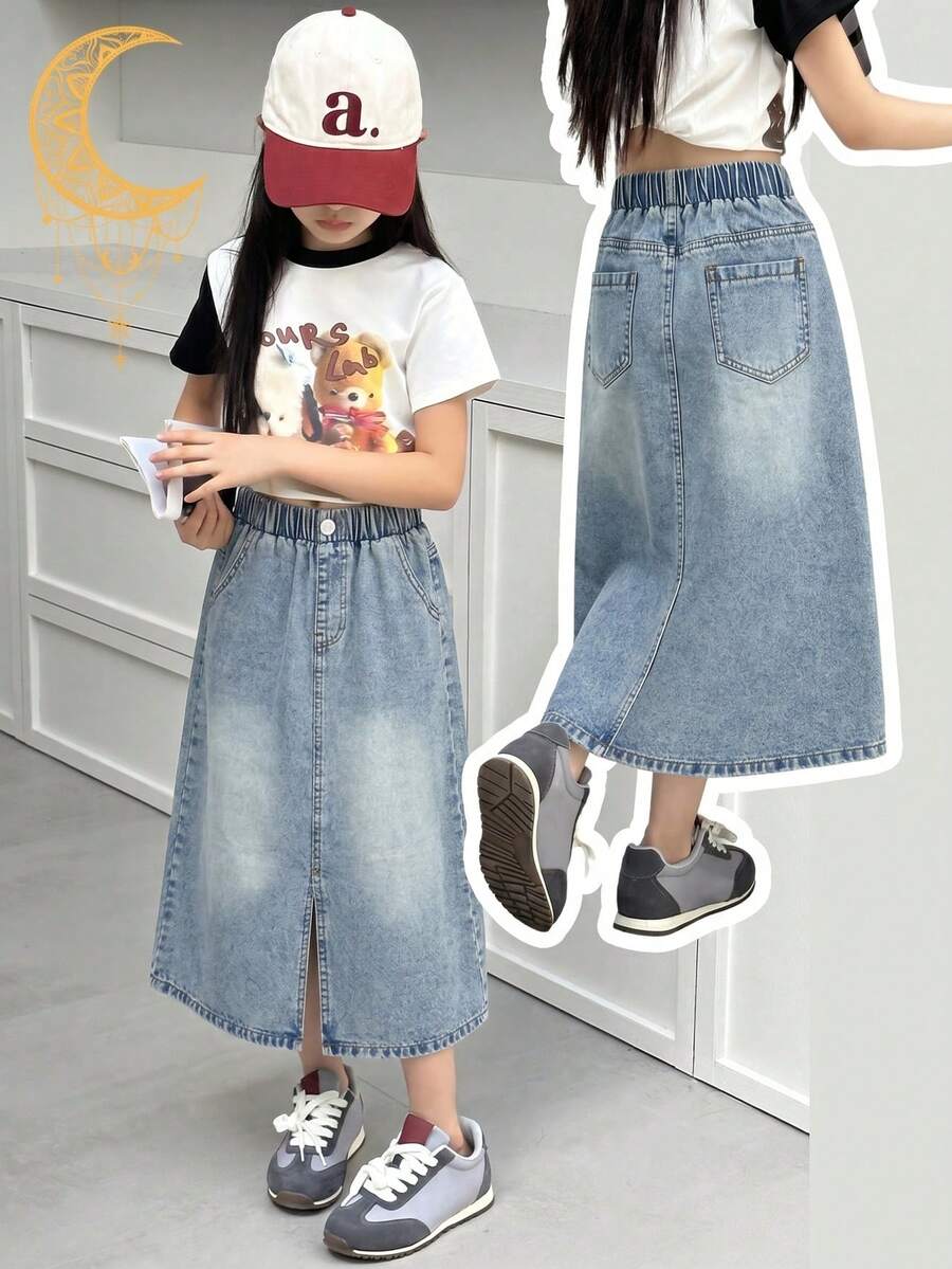 SHEIN 少女复古牛仔中长裙夏季穿搭，重温复古休闲少女风，松紧腰设计，浅蓝色水洗牛仔面料，宽松直筒版型，舒适柔软，适合日常穿着、学校郊游、早午餐约会、派对等场合，打造派对度假风情。