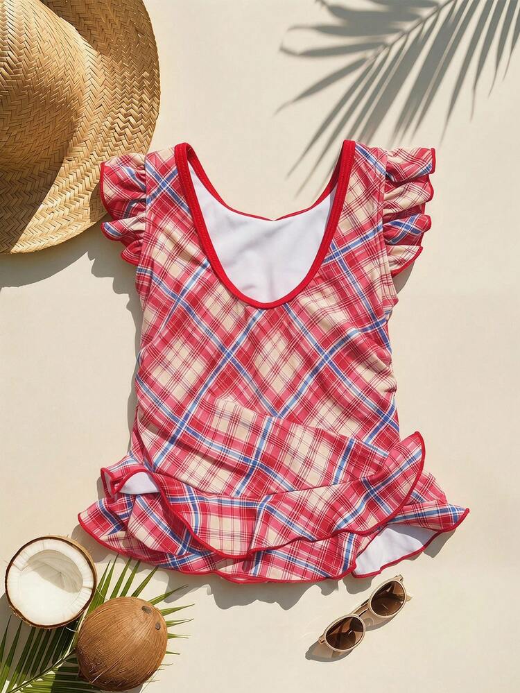 1pc Baby Girls' One-Piece Swimsuit With Diamond Plaid Print, Contrast Color Ruffle Trim And Bow Decor