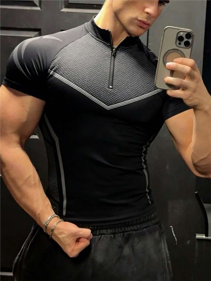 GymBeat Áo thun thể thao nam tay ngắn, cổ đứng, phối màu tương phản, khóa kéo nửa thân, thích hợp cho mùa hè. - màu đen - Xem 1
