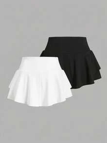 SHEIN 少女黑白迷你裙短褲內襯運動裙褲 2件套，網球裙套裝 - 黑與白 - 查看 3