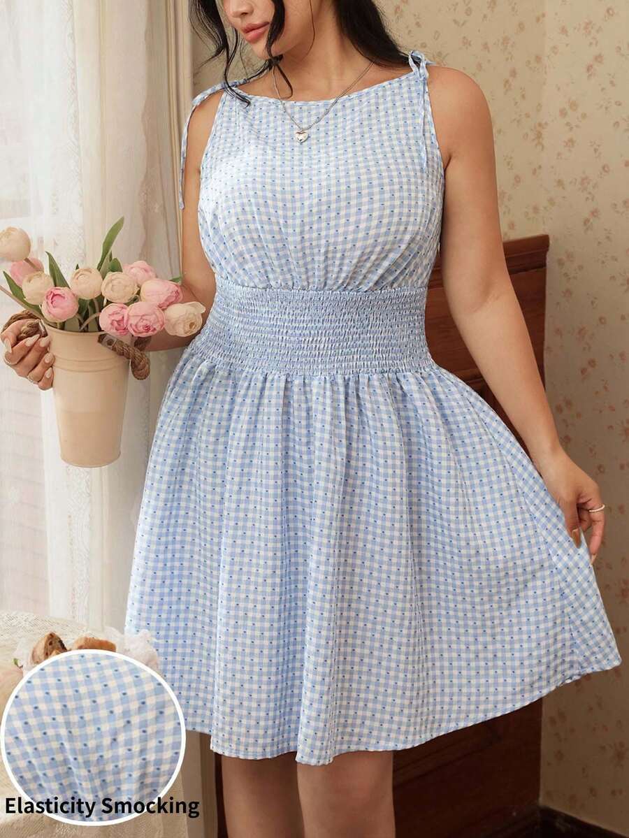 CovetEZ Đầm không tay kẻ caro thắt eo vai dành cho nữ cỡ lớn - Xanh và trắng - Xem 1
