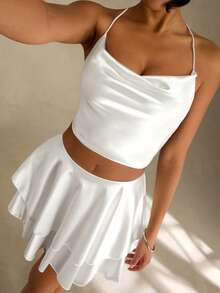 SHEIN Glamour White Summer Women Halter Neck Backless Sleeveless Top And Mini Skirt Two-Piece Set, Seksi Sexy Chic Vacation Holiday Music Festival Party Outfit - White - View 8