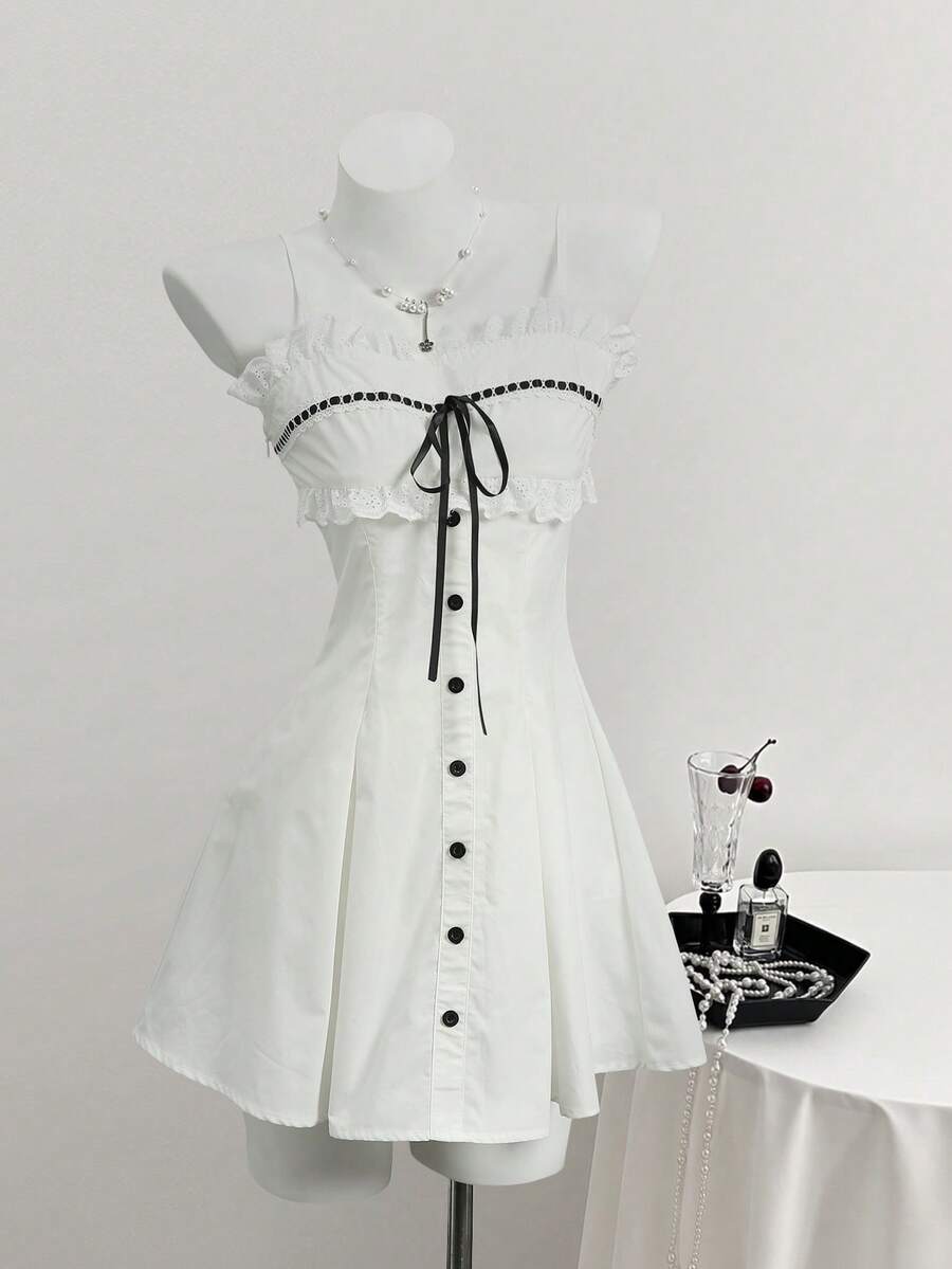 Elamini Đầm ngắn màu trắng bằng cotton nguyên chất dành cho nữ, cổ ren, thắt nơ, thích hợp cho phong cách sinh viên. - trắng - Xem 1