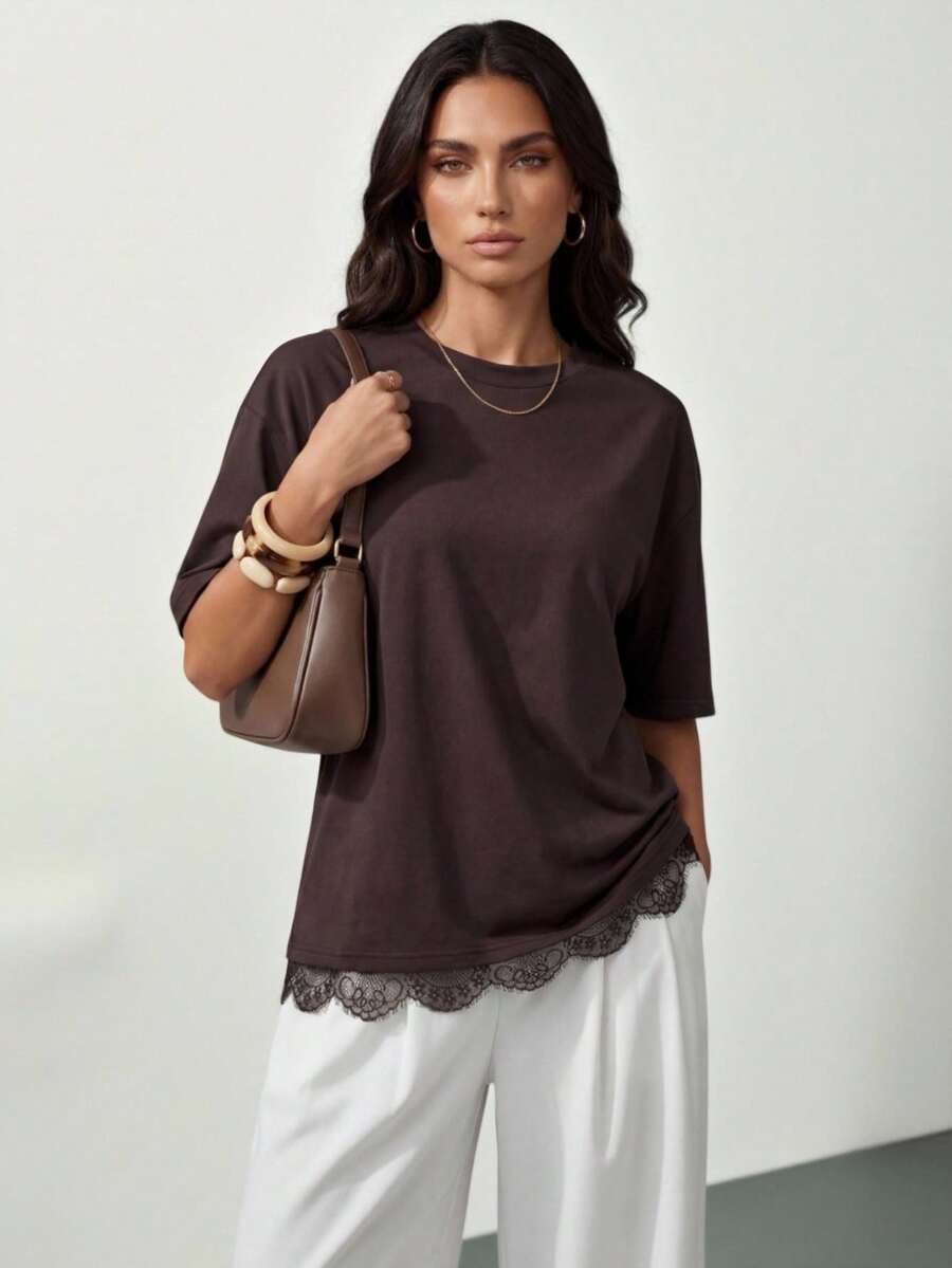 SHEIN Tall Áo thun nữ viền ren mới mùa xuân/hè - màu nâu - Xem 1