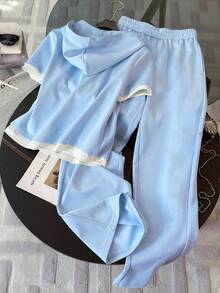 SuriyaCove 2件套 女士夏季休闲撞色抽绳连帽T恤和裤子套装 - 彩色 - 查看 2