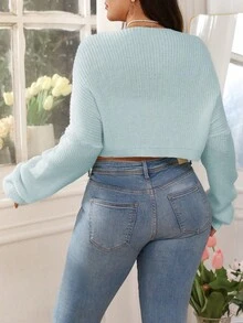 EMERY ROSE Plus Size Women Solid Color Knitted Butterfly Embroidered Short Cardigan, Fashionable And Versatile For Autumn/Winter Teacher Light Blue Cute - Baby Blue - View 2