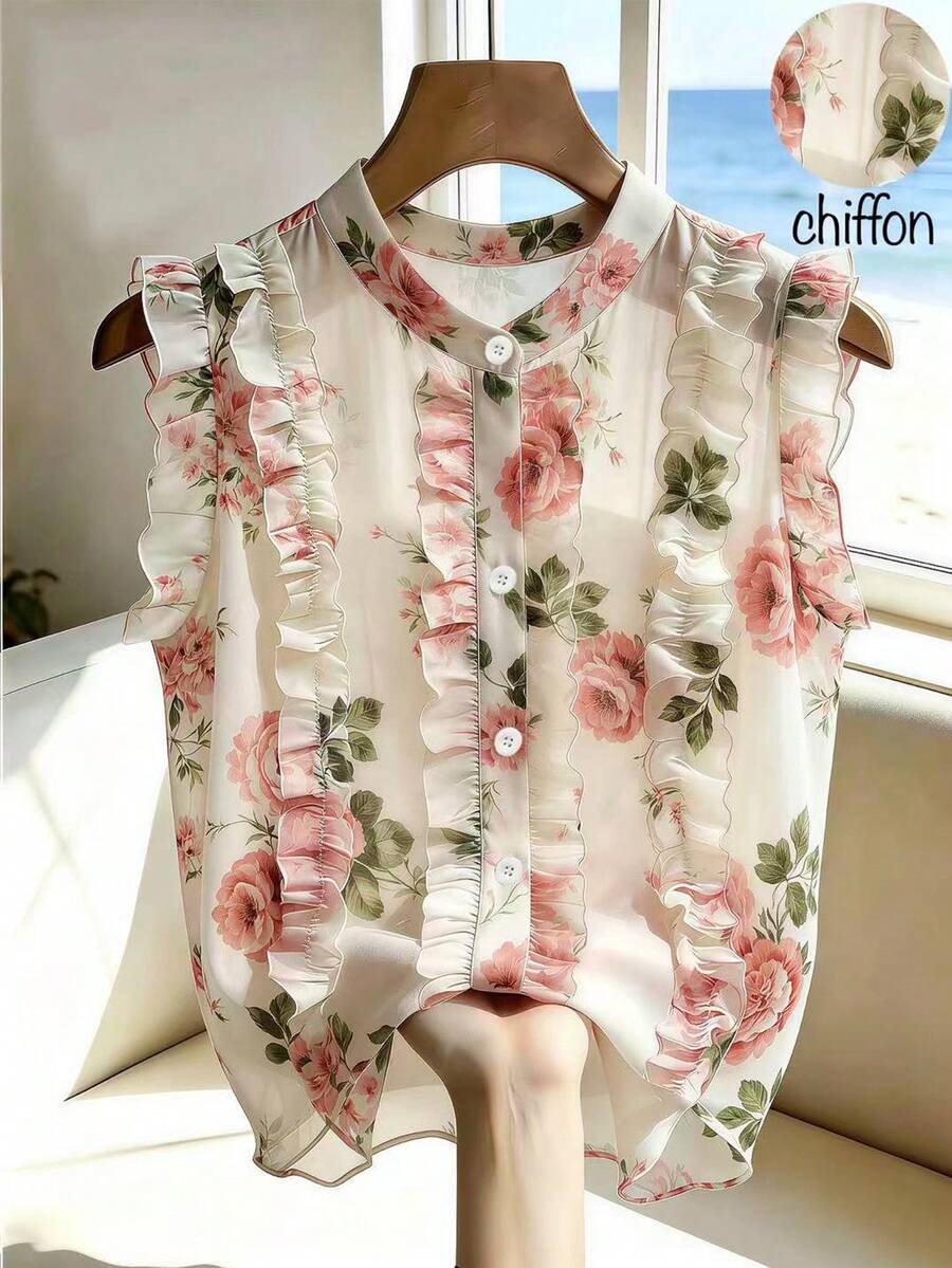 Franclia Áo kiểu nữ bằng vải chiffon chấm bi đen, kiểu dáng thanh lịch lãng mạn với đường viền xếp ly. - Màu be - Xem 1
