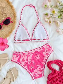 SHEIN Bộ đồ bơi tankini họa tiết hoa nhí màu hồng cánh sen dành cho thiếu nữ, viền vỏ sò, kiểu áo hai dây hở lưng mùa hè, đồ bơi đi biển. - Màu Hồng Tươi - Xem 2