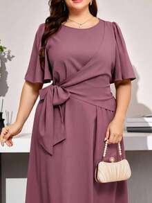 Modelyn Plus Size Summer Elegant Solid Color Round Neck Side Tie Short Sleeve Dress - Dusty Pink - View 3
