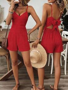 Breezaya Bộ áo liền quần nữ mùa hè mới, không tay, thắt eo, màu trơn, phong cách đồng quê cổ điển với nơ xinh xắn phía sau. - Đỏ - Xem 1