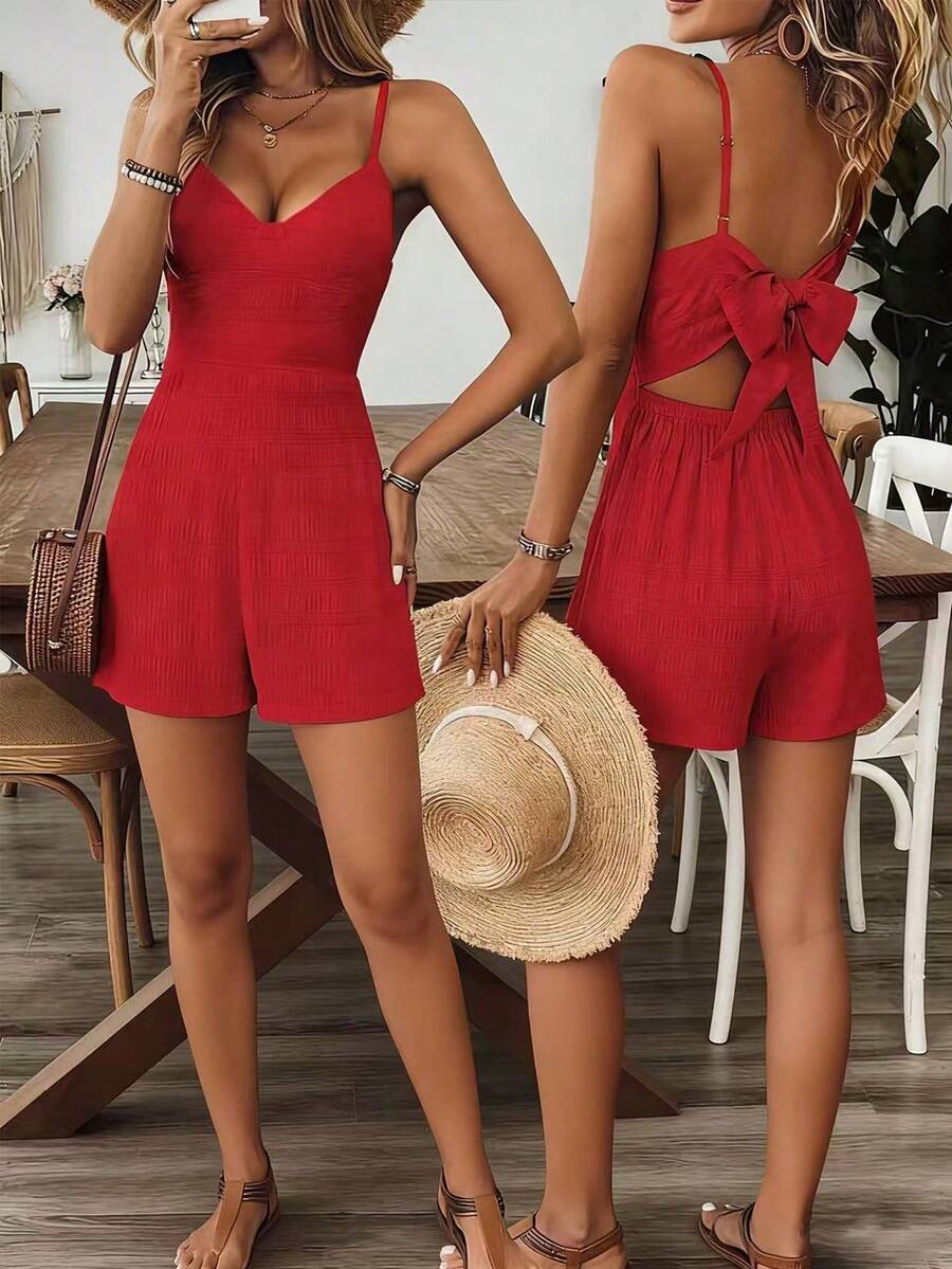 Breezaya Bộ áo liền quần nữ mùa hè mới, không tay, thắt eo, màu trơn, phong cách đồng quê cổ điển với nơ xinh xắn phía sau. - Đỏ - Xem 1