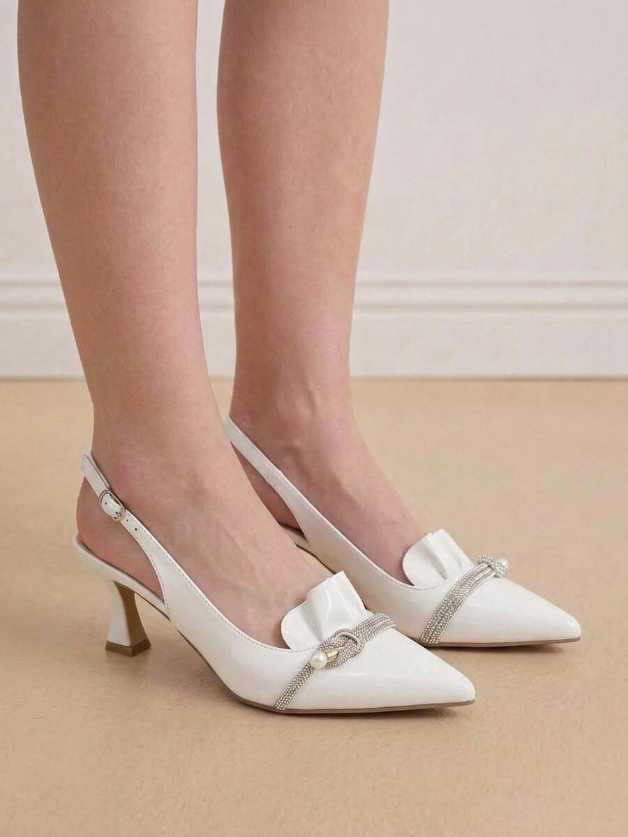 Eladyva Women's Red High Heel Pumps, Pointed Toe, Graceful, Versatile, Soft Leather, Comfortable, Pearl & Rhinestone Decor, Dress Shoes, Stiletto Heel - White - View 1