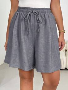 Shapeblank Plus Size Women's Dark Green Sommar Baggy Casual Traditional Curve Loungewear Shorts Elastic Waist Flowy Bermuda Shorts Comfortable Loose Boho Summer - Light Grey - View 7