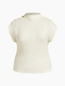 MOTF PREMIUM PLUS TEXTURED ASYMMETRIC COLLAR METAL BUCKLE ACCENT LONG SLEEVE T-SHIRT, SPRING/SUMMER - Apricot - View 1
