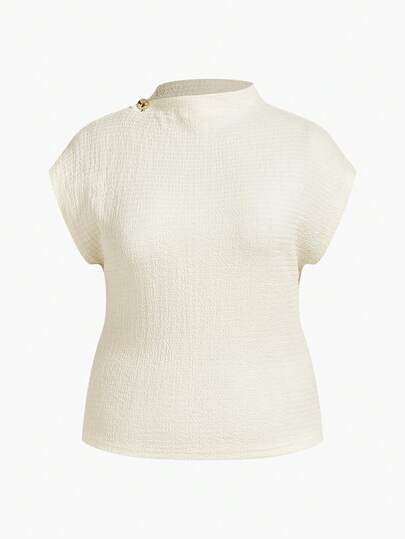 MOTF PREMIUM PLUS TEXTURED ASYMMETRIC COLLAR METAL BUCKLE ACCENT LONG SLEEVE T-SHIRT, SPRING/SUMMER