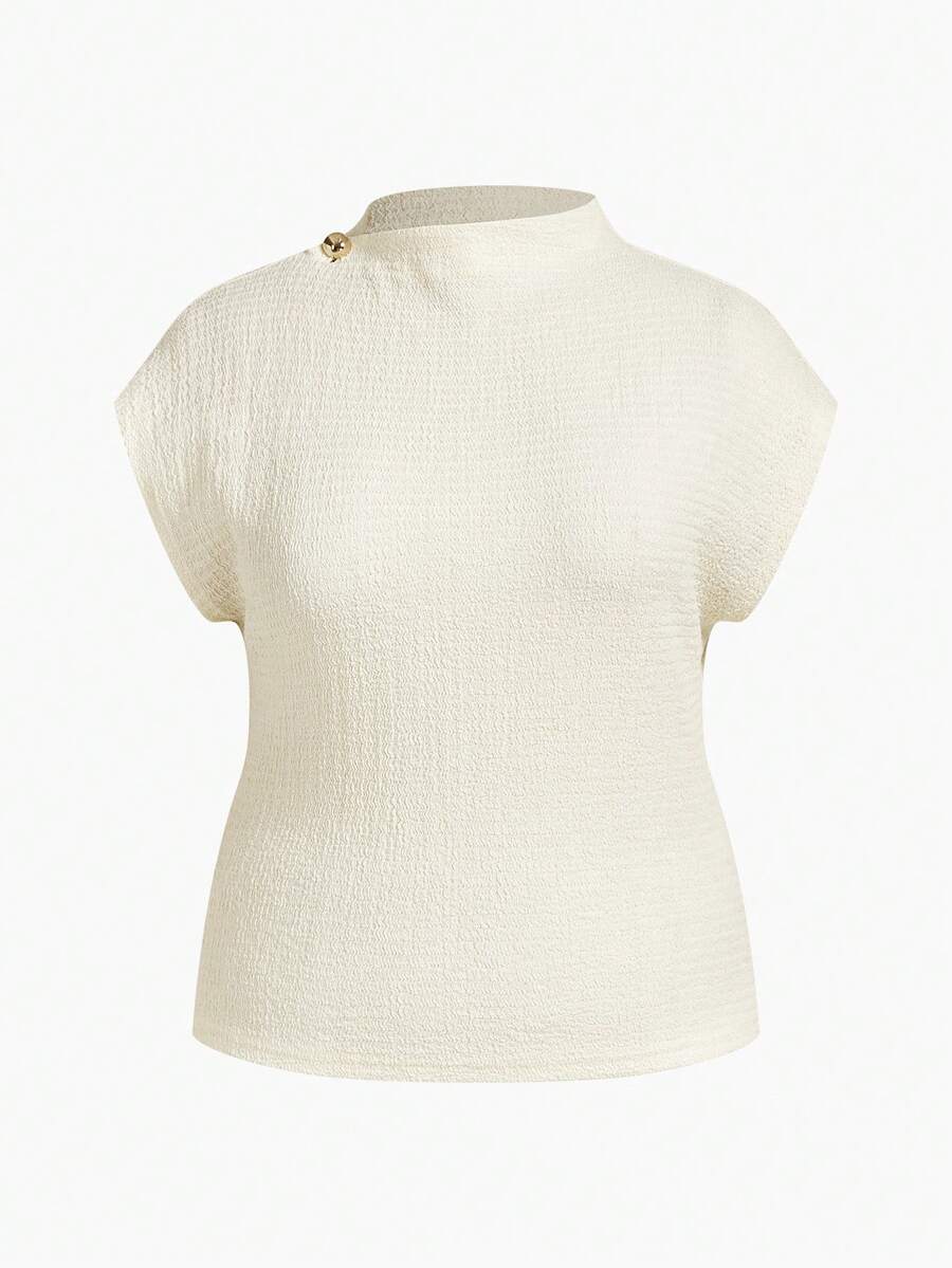 MOTF PREMIUM PLUS TEXTURED ASYMMETRIC COLLAR METAL BUCKLE ACCENT LONG SLEEVE T-SHIRT, SPRING/SUMMER - Apricot - View 1