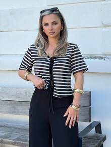Jeta Ari French Elegant Chic Black & White Striped V-Neck Ribbon Tie Decor Regular Women Summer T-Shirt Casual - Black and White - View 3