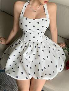 Joudiya 女士优雅波点印花露背吊带迷你连衣裙，夏季 - 白色 - 查看 2
