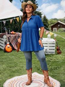 EMERY ROSE Short Sleeve Blue Button-Up Shirt, Casual Vacation Shirt With Longer Back, Plus Size, Suitable For Spring & Summer  Summer Spring Clothing Country Sty - Royal Blue - View 3