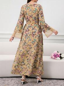 Al Najma Đầm nữ thanh lịch in hoa, cổ chữ V, phối lưới, tay loe. - Màu vàng - Xem 2