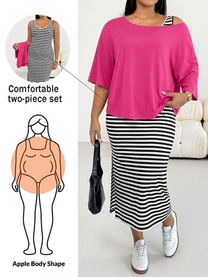 Shapeblank Damen Große Größen Frühling/Sommer Mode Lässig Locker Dehnbar Bequem Alltagsgrundlage Vielseitig Gestreiftes Trägerkleid und Schwarze Überwurfbluse Zwei-Teiler Set, Sommerkleidung, Flughafen Outfits, Einfacher Stil, Europäischer Sommer