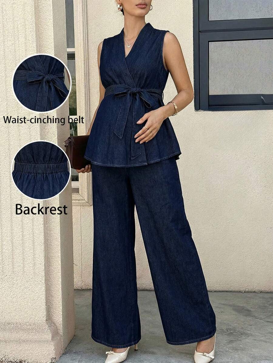 SHEIN Bộ đồ bầu kiểu dáng thường ngày gồm áo không tay thắt eo và quần jean, thích hợp cho mùa hè, lễ hội, đi làm, nghỉ mát, tốt nghiệp, phong cách Y2K, dễ thương, đường phố, quyến rũ, dự tiệc, đám cưới, thanh lịch, công sở, đi biển, tốt nghiệp, đi chơi, sinh nhật. Bộ đồ bầu bằng denim thoải mái, áo peplum không tay và quần ống rộng thắt eo điều chỉnh được, bèo nhún, màu xanh dương, trang trọng. - Màu xanh lam - Xem 1