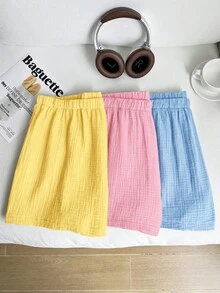 Comfortcana 3pcs/Set Plus Size Solid Color Linen Comfortable Casual Shorts, Suitable For Spring & Summer - Multicolor - View 6