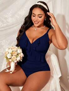 Swim Lushoire Baju Renang Terusan Wanita Ukuran Besar Warna Polos dengan Hiasan Ruffle, Cocok untuk Liburan Pantai, Pesta Kolam Renang, Liburan Pantai, Pesta Pantai, Biru Tua, Seksi untuk Musim Panas - Navy Blue - View 3