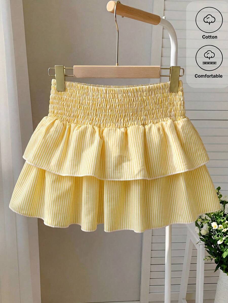 SHEIN Chân váy xếp ly kẻ sọc cho bé gái tuổi teen, kiểu dáng thường ngày, đa năng, thích hợp cho hẹn hò và đi chơi. - Màu vàng - Xem 1