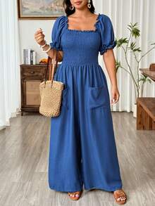 Weeklong Plus Size Women's Frill Trim Square Neck Puff Sleeve Cinched Waist Jumpsuit With Front Pockets, Casual Vacation Daily Wear - Blue - View 8