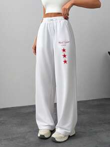 SHEIN 女士白色常规版型休闲抽绳阔腿运动裤 - 白色 - 查看 5