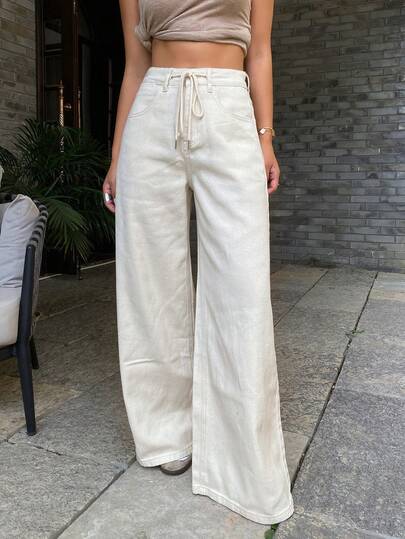 DAZY Women's Drawstring Waist Pockets Casual Versatile Daily Wear Wide Leg Jeans