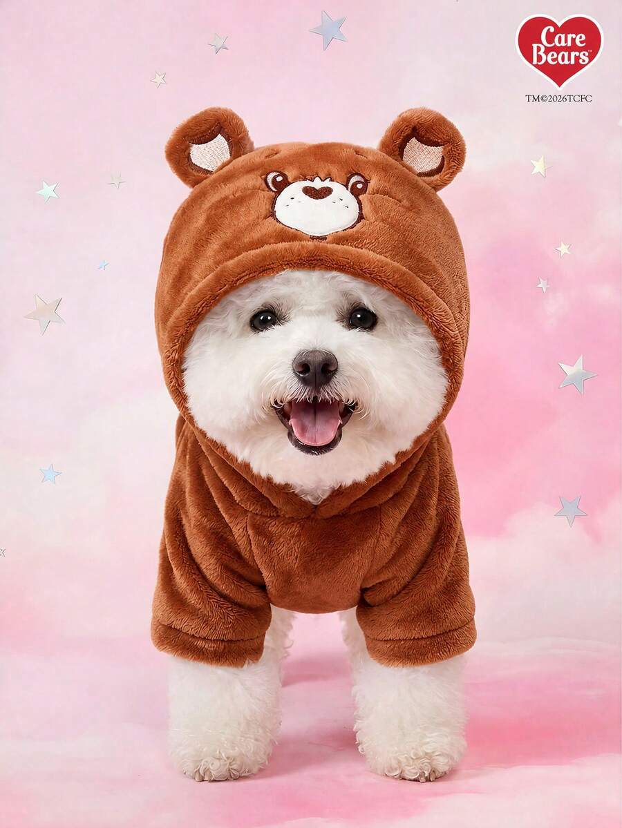Care Bears X PETSIN 1 Bộ quần áo đa năng cho mèo/chó, Áo nỉ có mũ trùm đầu bằng nhung thêu hình gấu trái tim màu nâu, đuôi 3D, dày dặn ấm áp cho mùa thu đông. - màu nâu - Xem 1