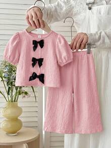 SHEIN 2件組女嬰編織素色圓領泡泡袖休閒上衣與長褲套裝 - 淺粉色 - 查看 6