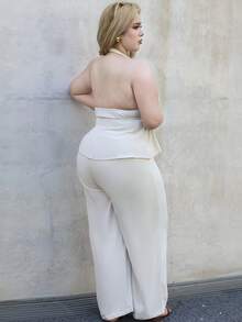 CHERRY TINTT SELECTION Plus Size Women's Summer Solid Color Knot Front Backless Halter Top And Wide Leg Pants Set, Beach/Holiday Suit,Valentine Outfits For Women Elegant - Beige - View 3