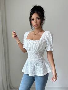 Modelyn 法式方领收腰花瓣袖女式上衣 - 白色 - 查看 4