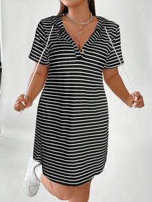 Vionelle Plus Size Women Drawstring Hooded Striped Casual Party Dress - Black - View 6