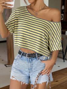 SHEIN EZwear Áo thun dệt kim sọc vàng dáng rộng lệch vai dành cho nữ - Vàng nhạt - Xem 4