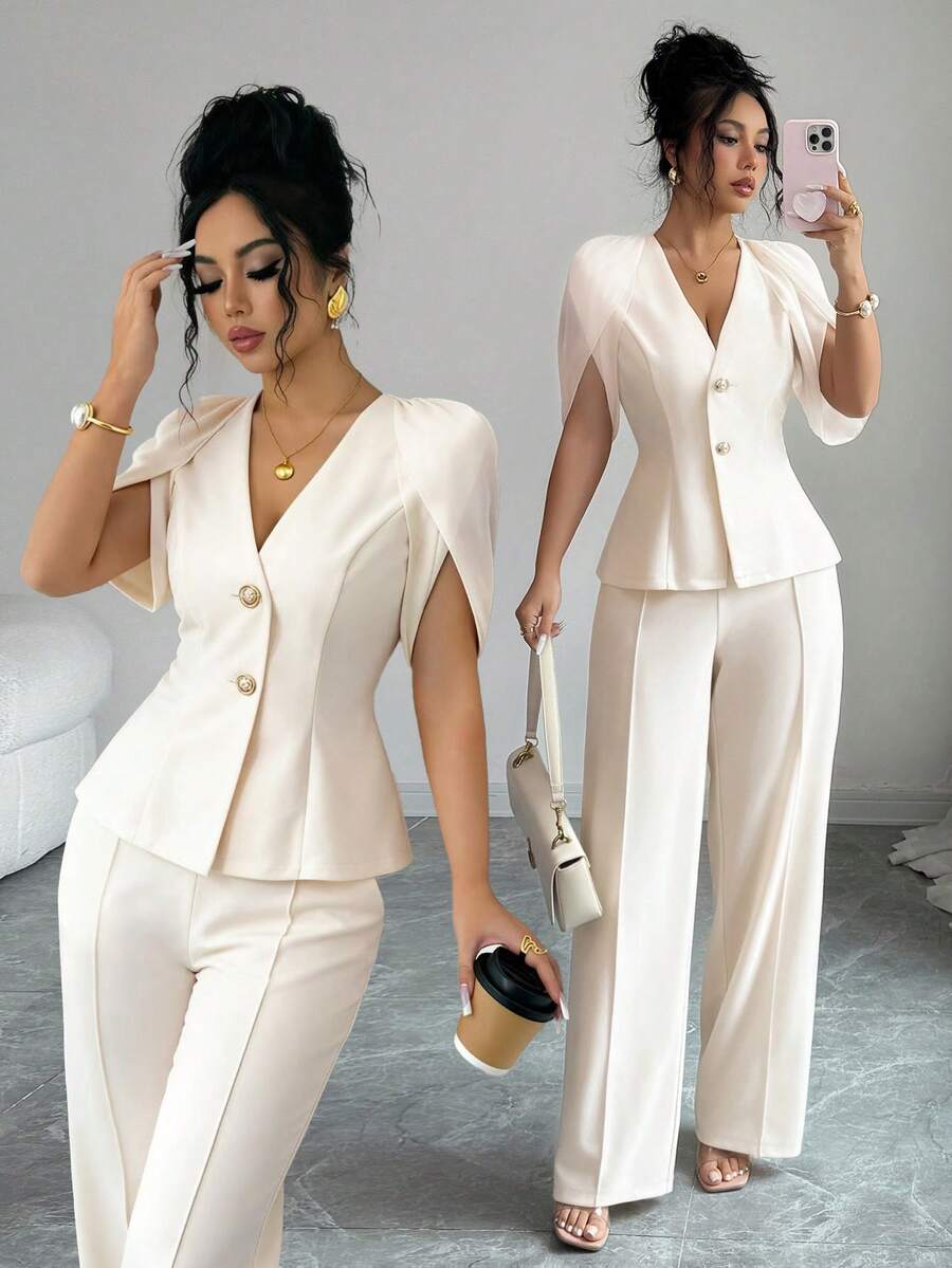 Elenzga Aprikot Chiffon Jacke mit geraffter Taille, kurzen Ärmeln, V-Ausschnitt Bluse und gerade geschnittene Hose, Zweiteiler, elegant und vielseitig für Büro und Lässig, Sommer - Aprikosenfarben - Übersicht 1