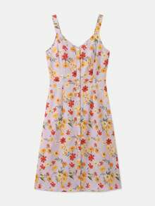lacRébo Vestido midi con flores de lila, con botones delanteros y escote de corazón, vestido casual de primavera y verano para vacaciones, vestido con flores, vestido de estilo francés - Morado - Ver 7